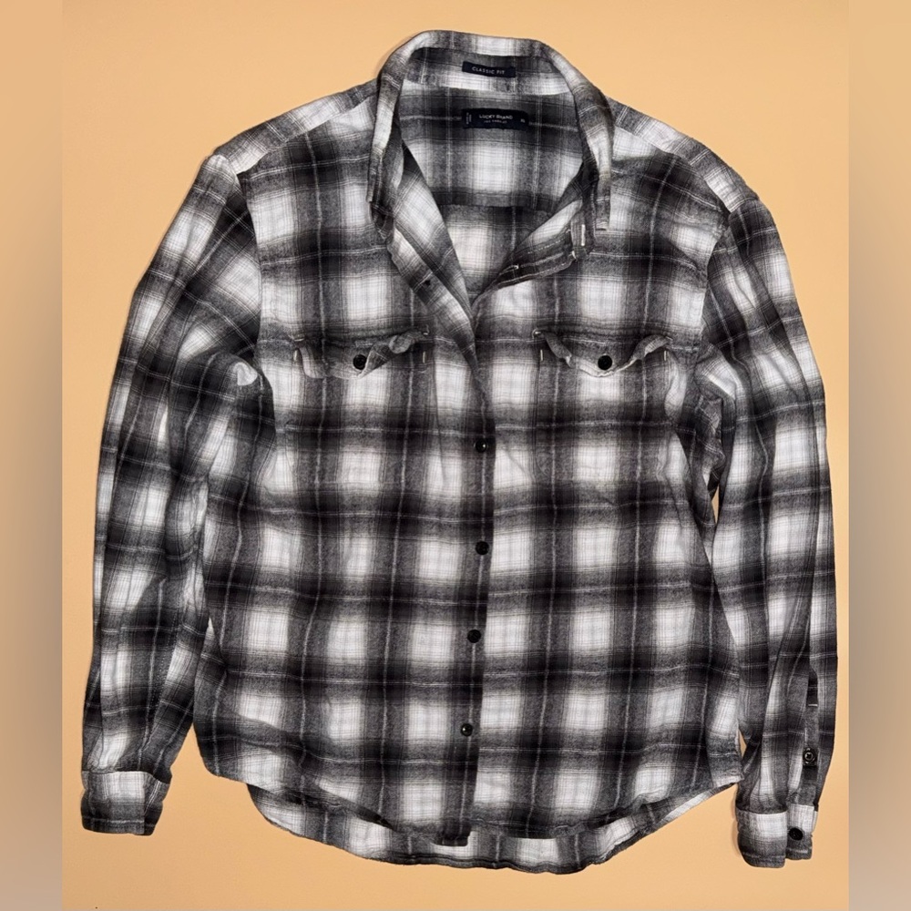 Lucky Brand Plaid Shirt; Black/White; Classic Cit Button Up Western; Size XL